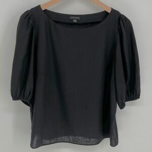 Ann Taylor Womens Linen Blend Puff Sleeve Boat Neck Top Size M Black Classic